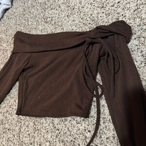 Brown Off-Shoulder Tie Crop Top